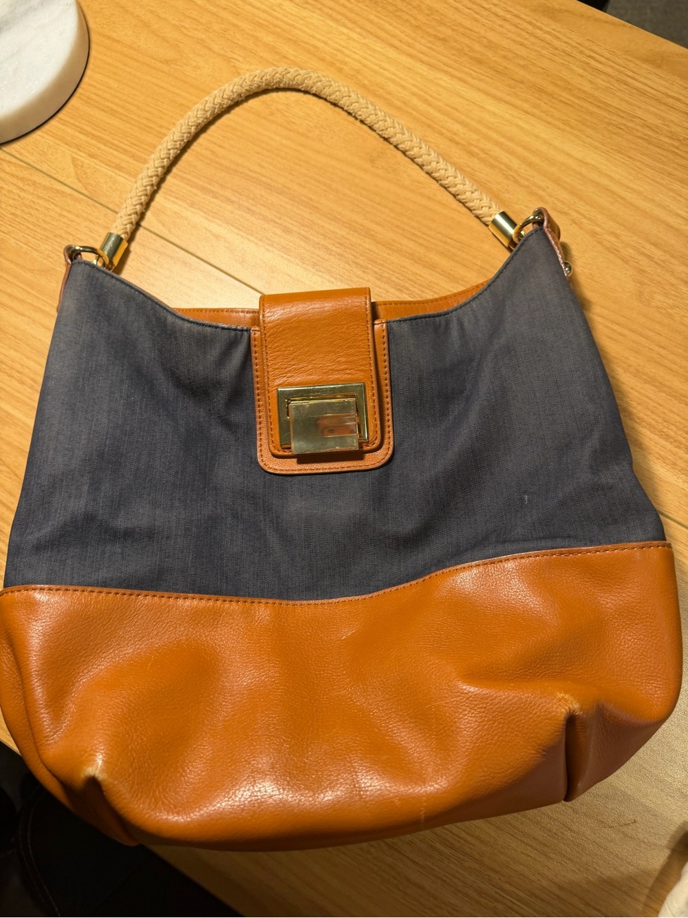 Talbots Navy and Tan Rope-Handle Shoulder Bag